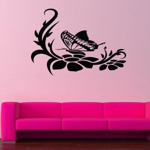 Butterfly on Flower Removable Wall Stickers for Living Room Sweet Home Decor Vinyl Wall Decals Bedroom Girls Art Murals YY192