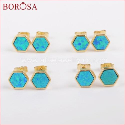 BOROSA Druzy 5Pairs Gold Color Bezel Hexagon Shape Blue Opal Stud Earrings for Women High Quality Drusy Jewelry ZG0224