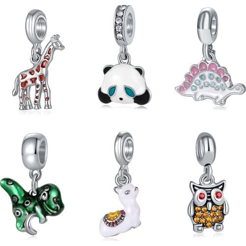 Animal Beads Silver color Cute Giraffe Panda DInosaur Alpaca Owl Pendant Charm fit Bracelet diy Jewelry Making Gif