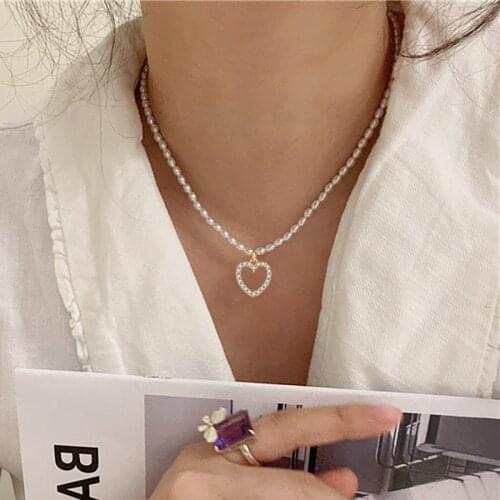 IFKM Retro Girl Hollow Love Zircon Crystal Pendant Pearl Necklace 2021 Chocker Clavicle Chain Necklace Jewelry for Women Beads