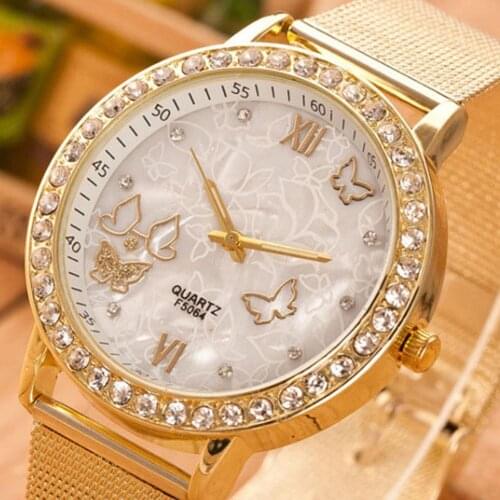 Butterfly Rhinestone Gold Ladies Women Girl Bracelet Quartz Wrist Watch Charm Gift Ladies Dress Watches Gift Luxury