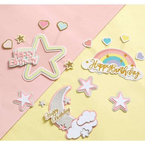 Happy Birthday Cake Topper Girl`s Birthday Dessert Cupcake Decor Three-layer Star Moon Rainbow Cake Topper Home Party Supplies
