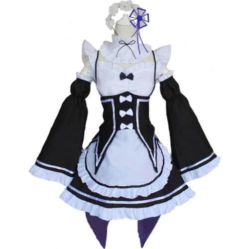 Anime Re:Zero Kara Hajimeru Cosplay Costume Rem Ram Long Sleeve Boat Neck Strapless Maid Dress Costume Cosplay