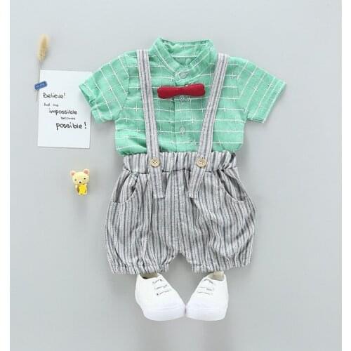 Summer Toddler Infant Clothes Suits Gentleman Baby Boys Clothing Sets lattice bow Shirt stripe Bib pants Kids Child Costume