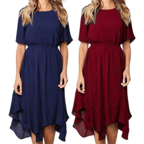 HOT SALES!!! Summer Lady Solid Color Irregular Tight Waist Short Sleeve Round Neck Midi Dress Irregular Dress Loose Casual Dress
