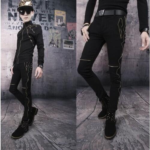 Stage 2020 spring summer personality men casual pants motorcycle slim harem pant men feet trousers singer fashion zipper black