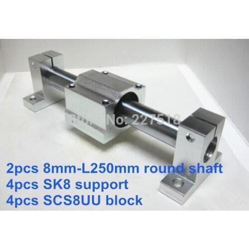 8mm linear set: 2pcs 8mm -250mm linear round shaft +4pcs SK8 shaft support+4pcs SCS8UU linear bearing block