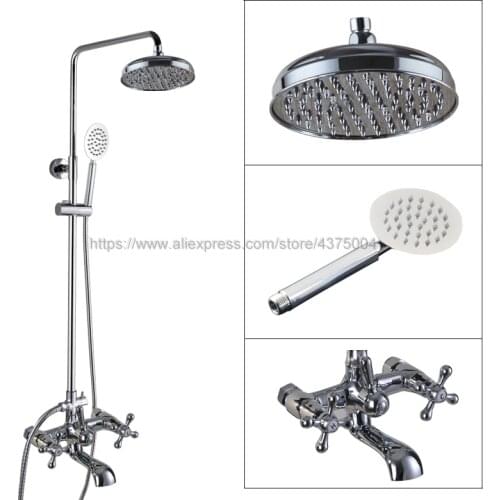 Polished Chrome Dual Cross Handles 8" Rain Shower Set Wall Mounted Swivel Tub Filler Shower Mixer Taps with Hand Shower Ncy327