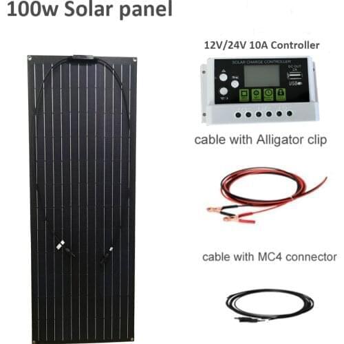 COMPLETE KIT: 100 Watt 100W etfe flexible Solar Panel 12V 24V Battery RV Boat Off-Grid