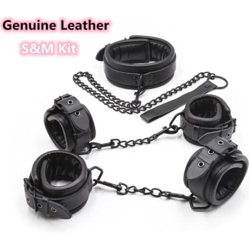High Quality Genuine Leather Bondage Strap Handcuffs Sex Toys with Ankle Cuffs and Collar Restraints for Fetish Bdsm Adults Game