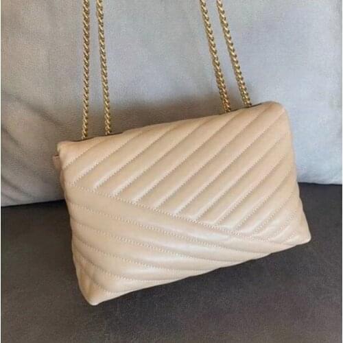 NEW women convertible shoulder bag sheepskin material striped metal chain bag black red colors big size