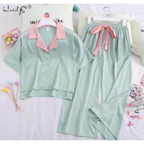 Faux Silk Female Pajamas Sets Summer Homewear For Women Casual Turn-down Collar Short Sleeve Long Pants Sleepwear