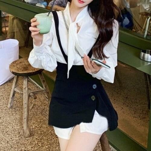 French 2 Piece Set Dresses Women Long Sleeve Elegant Shirts + Y2k Strap Dress Korea 2021 Autumn Vintage Mini Dress Office Lady