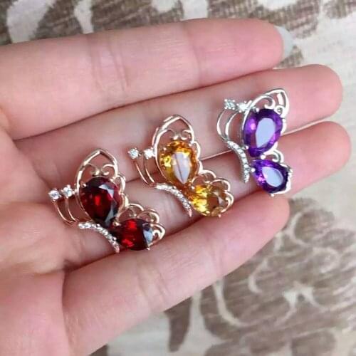 Natural amethyst pendant 925 Sterling silver Natural citrine garnet Pendant Necklace trendy lovely Butterfly fly women jewelry