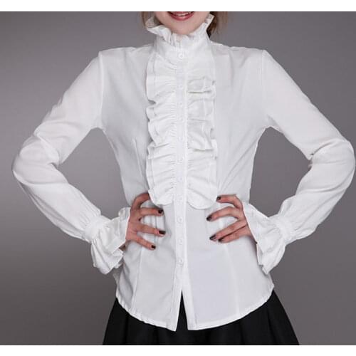 Victorian Womens Tops High Neck Ruffles Long Sleeve Frill Solid Color Shirt OL Office Frilly Cuffs Blouse Autumn Tops Womens Hot