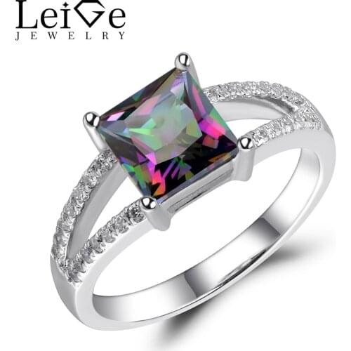 Leige Jewelry Mystic Topaz Ring Rainbow Gemstone Princess Cut Silver 925 Jewelry for Women Engagement Party Rings Double Band