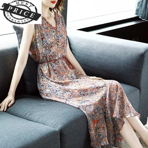 100% Real Silk Dress Women Sleeveless Long Summer Dress Ruffle Floral Elegant Dresses Party Beach Maxi Vestidos LWL1a15