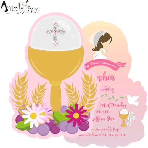 Girl Communion Theme Party Invitation Card Girls First Communion Event Decorations Party Supplies Custom-Made Invitations 16PCS