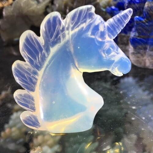 2.0" Natural opal Quartz Crystal Unicorn Carving Horse head Skulls Figurine