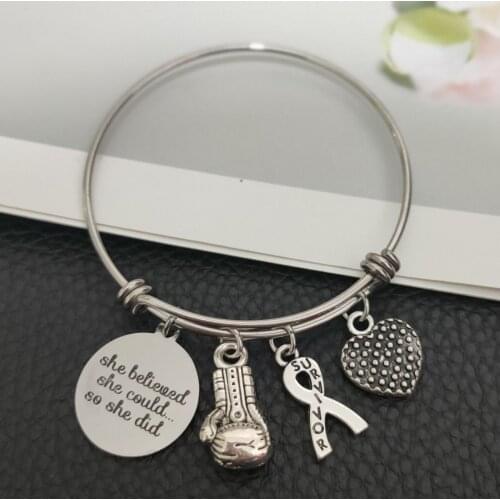 2.5inch Stainless Steel Breast Cancer Awareness Expandable Bangle Fighter Ribbon Inspiration Charms Survivor Bracelet Gift