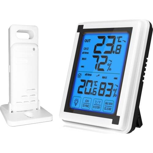 LCD Large Screen Touch Weather Clock Wireless Digital Thermometer Hygrometer Backlight Temperature Humidity Monitor