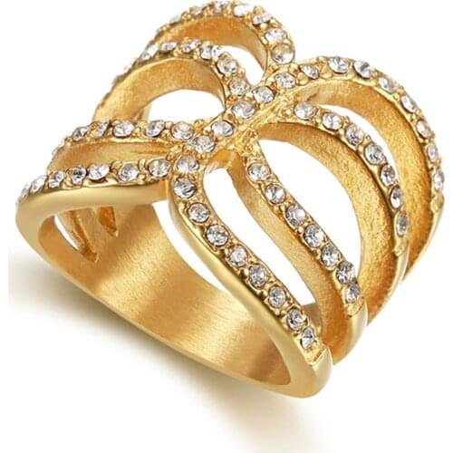 Iced Out Bling Butterfly Rhinestone Ring Gold Color Stainless Steel Rings For Women Hip Hop Simple Party Jewelry Dropshipping