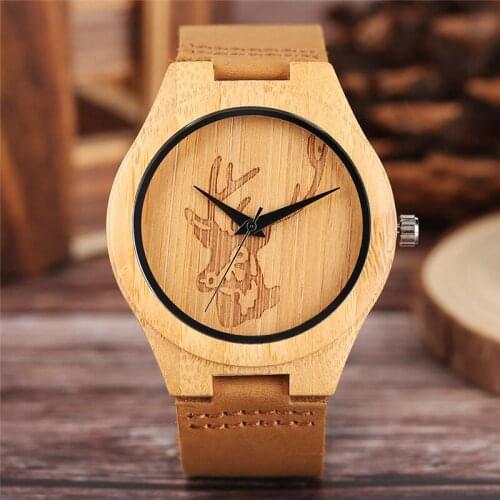 Handmade Novel Elk Deer Head Design Natural Wooden Bamboo Quartz Analog Watches for Men Clock Leather Strap Reloj De Madera Gift