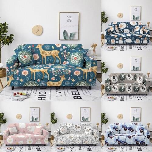 Cartoon Sika Deer Sheep Sofa Covers For Living Room Animal Sofa Protective Cover Stretch Flowers Couch Slipcover 1/2/3/4 Seaters