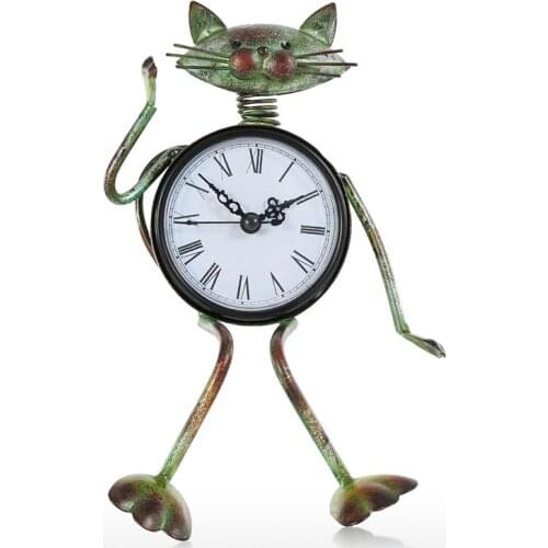 Art Desk Clock Handmade Vintage Cat Figurine Clock Craft Decorative Table Animal Ornament for Home Office 15*9*22cm LBSh