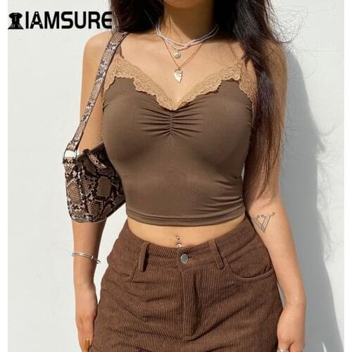 IAMSURE Patchwork Lace Trim Brown Camisole Skinny Slim Sleeveless Vest Casual Deep V Neck Crop Top Woman Holiday Streetwear Sexy