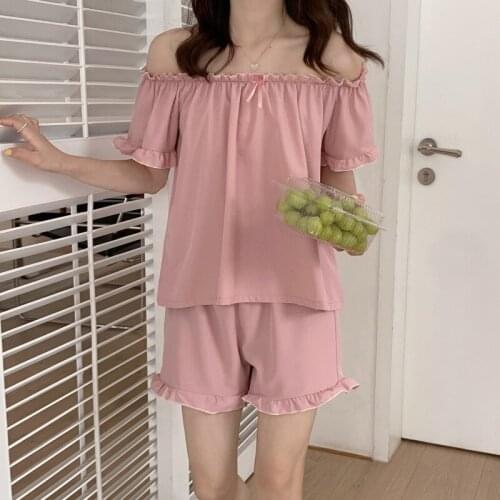 Summer Korea Sweet Girl Princess Pajamas Sexy Slash Neck/Square Collar 2 Ways Sleepwear Solid Color Ruffles Homewear Set