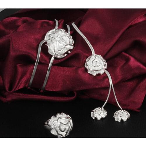 Popular brands women 925 sterling Silver rose flower necklaces bangles rings Jewelry set fashion Party wedding ladyHoliday gifts