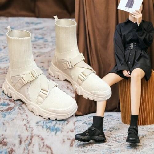 2021 New Wild Knit Socks Shoes Short Tube Fashion Short Boots Socks Boots Martin Shoes Female British Style Thick-soled Boots