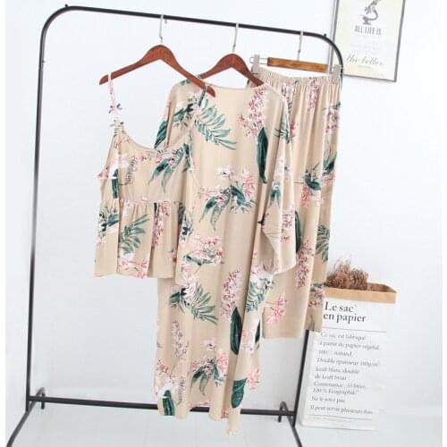 2019 Summer New three pieces Women Robe bathrobe Set Robe+Camisole+Pants Loose home Leisure wear female Soft Home Suit