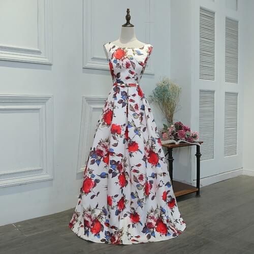 2019 New Spring Summer New Fashion Evening Dress Floral Print O-neck Sleeveless Back Lace Up Prom Party Dresses Haute Couture