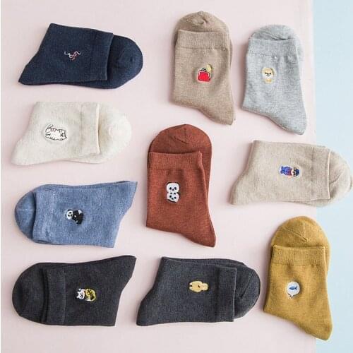 New Autumn And Winter Women Socks Funny Cute Cartoon Fish Cat Beer Panda Dog Embroidery Japanese Harajuku skateboard Socks