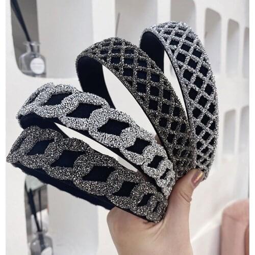 Fashion womens Hairbands Crystal Chain Wide Headbands Gray shiny Diamond Bezel Hair Hoop Luxury Party Hair Accessories