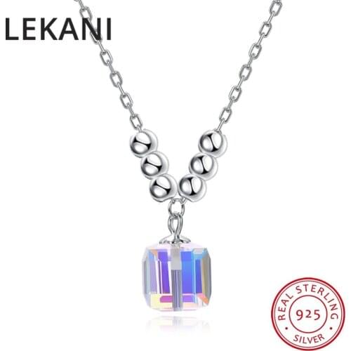 LEKANI Real 925 Sterling Silver Beads Chain Necklace Cube Crystals From SWAROVSKI Pendant Collares Fine Jewelry For Women Gifts