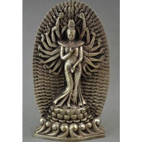 Old Handwork Tibetan Silver Carving 1000 Efficacy Kwan -Yin Exorcism Rare Statue