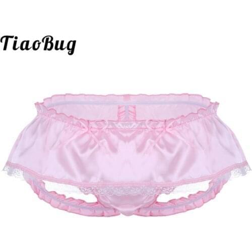 TiaoBuig Mens Lingerie Soft Shiny Satin Ruffled 3 Bum Straps Skirted Panties Sissy Lace Briefs Underwear Sexy Men Gay Underpants