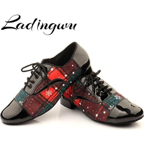 Ladingwu Men Low-heeled Dance Shoes Latin Dance Shoes Men Salsa Tango Ballroom Dance Shoes PU and Denim Christmas Doodle Blue
