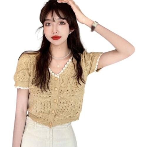 French Sweet And Gentle Wind V-neck Short-sleeved T-shirt Female Thin Hollow Thin Short Knitted Cardigan Top