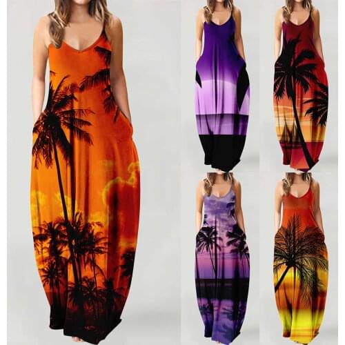 Women Summer Boho Floral Maxi Strap Dress Casual Pocket Sleeveless Evening Party Coconut tree Print Beach Long Dresses Plus Size