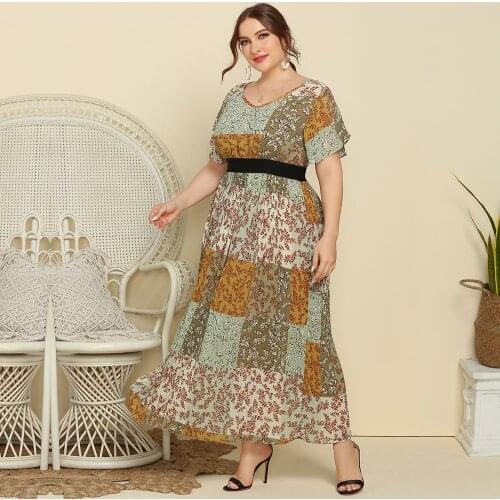 Plus Size Boho Maxi Dress Women Summer 2021 V Neck Short Sleeve Floral Print Contrast Color Bohemian Beach Dresses