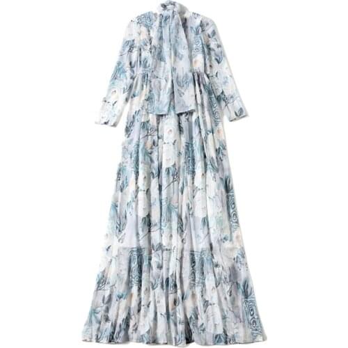 2021 Autumn Summer Runway Holiday Maxi Dress Women Floral Print Boho Beach Vacation Chiffon Floor-Length Pleated Dresses + Scarf