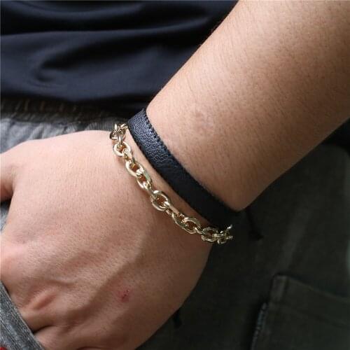 2019 New Couple Punk Hiphop Rock Link Gold Color Chain Braided Leather Femme Homme Male Men Bracelets for Women Jewelry