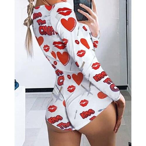 2021 Sexy Women Deep V-neck Bodycon Sleepwear Jumpsuit Bodysuit Shorts Romper Bodysuit Leotard Long Sleeve Print Button Bodysuit