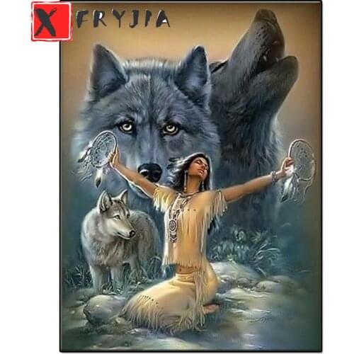 5d diy full round square diamond painting loup india mosaic pictures of rhinestones “indian women and wolf” Home Decoration