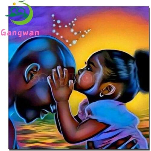 Diamond Painting Full Square/Round Drill cartoon character African little girl kiss dad 5D Daimond Painting Embroidery Pictures