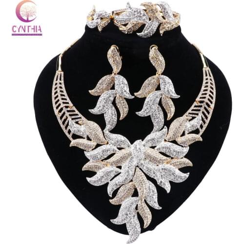 CYNTHIA Fashion Leave Shaped Gold Color Jewelry Set African Beads Women Wedding Statement Big Necklace Bracelet Earrings Ring